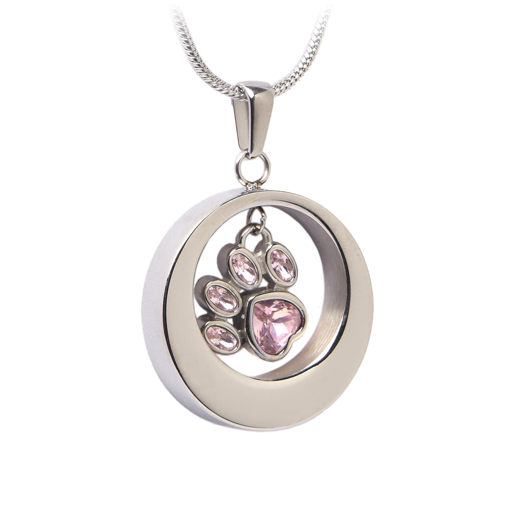 J - 355 - Circle Of Love With Glass Paw Print Charm ~Pendant Chain Pink