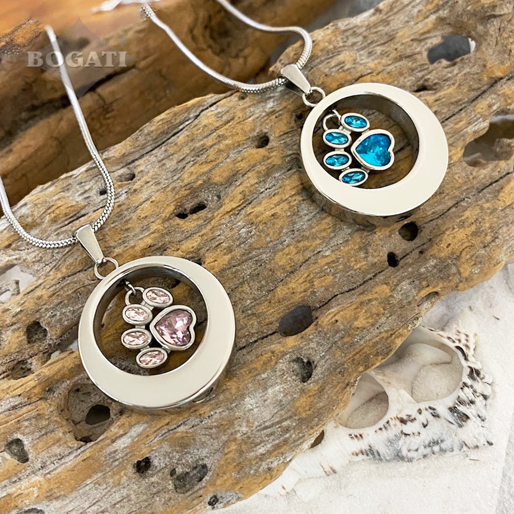 J-355 - Circle With Glass Paw Print Charm ~Pendant Chain