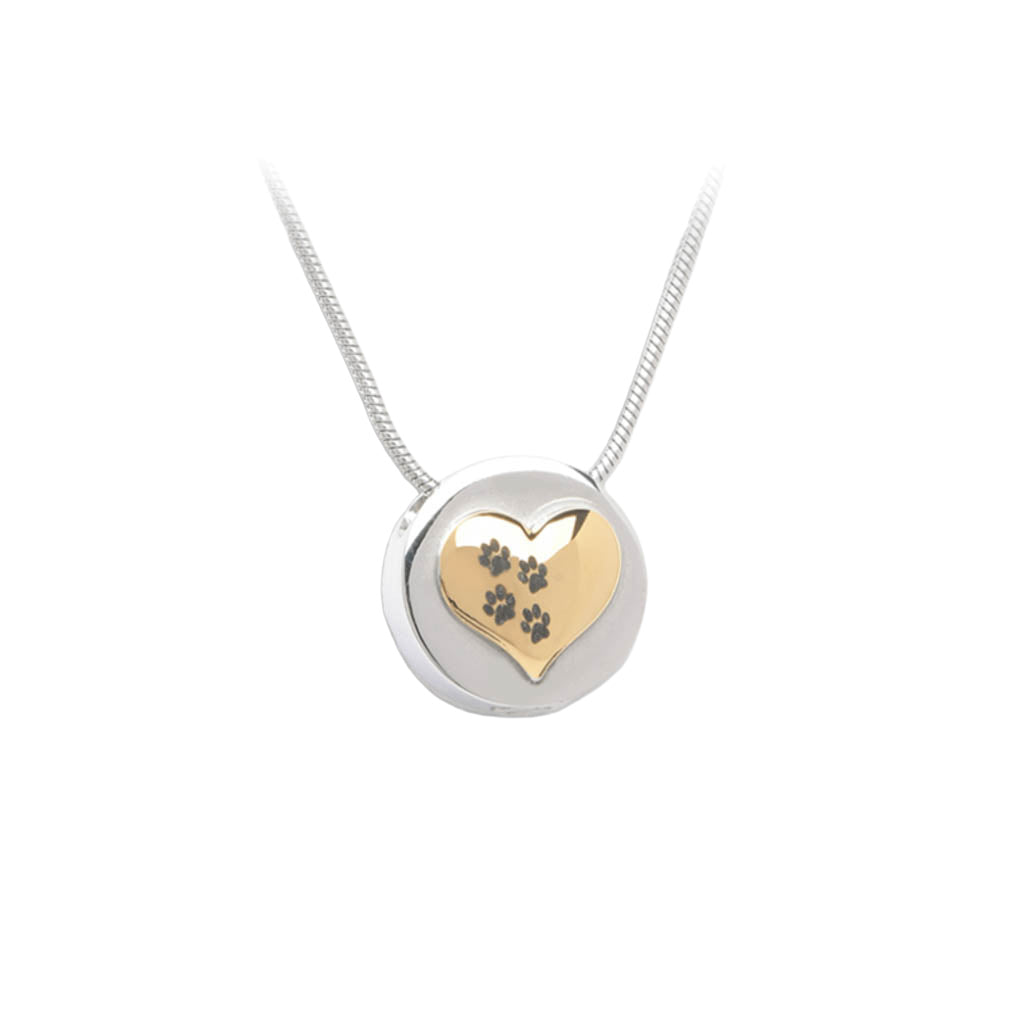 J-375 Silver Circle with Gold Heart and Paw Prints - Pendant with Chain