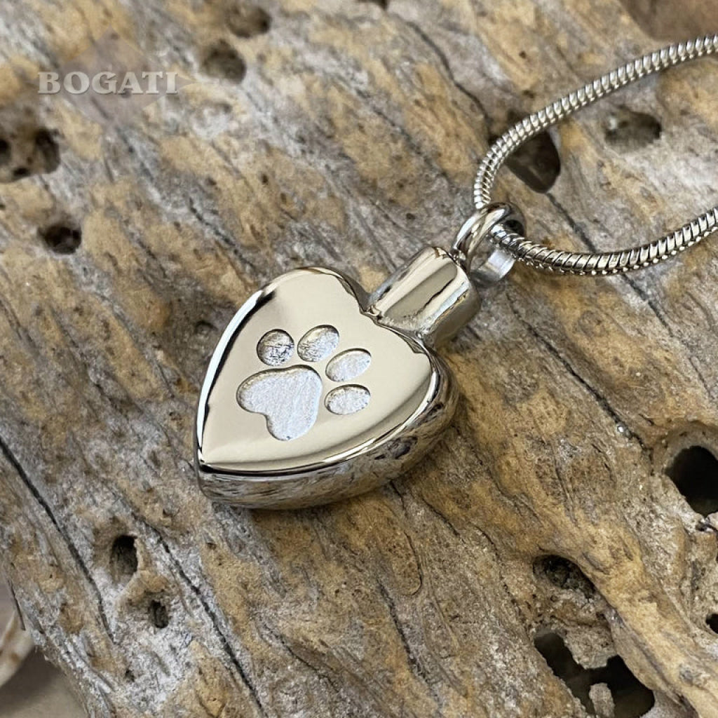 J-455 - Etched Paw Print Heart - Silver-tone - Pendant with Chain