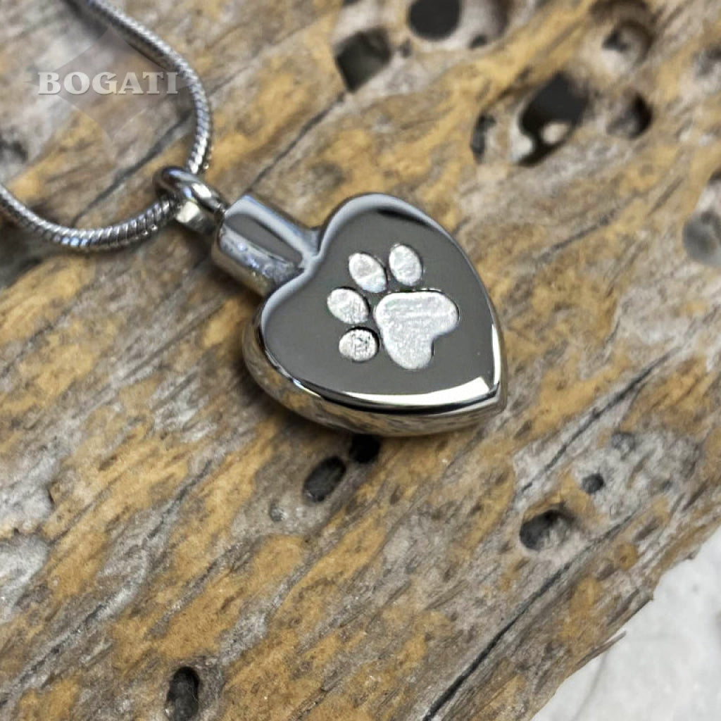 J-455 - Etched Paw Print Heart - Silver-tone - Pendant with Chain