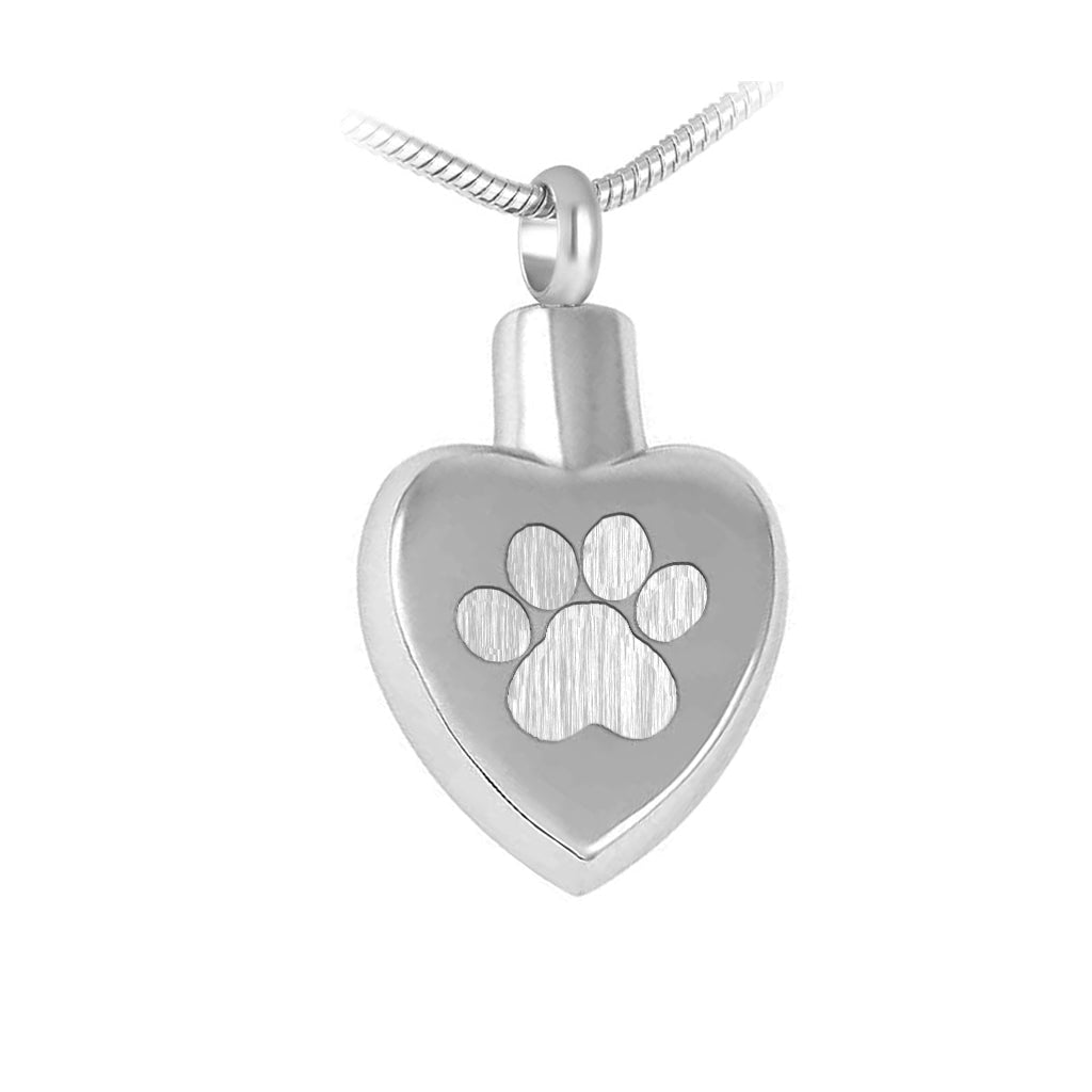 J-455 - Etched Paw Print Heart - Silver-tone - Pendant with Chain