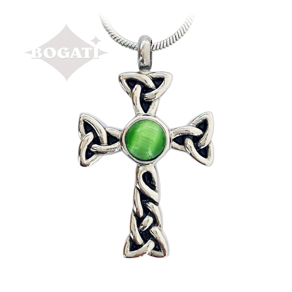 J 601 Celtic Cross with Green Stone Pendant with Chain