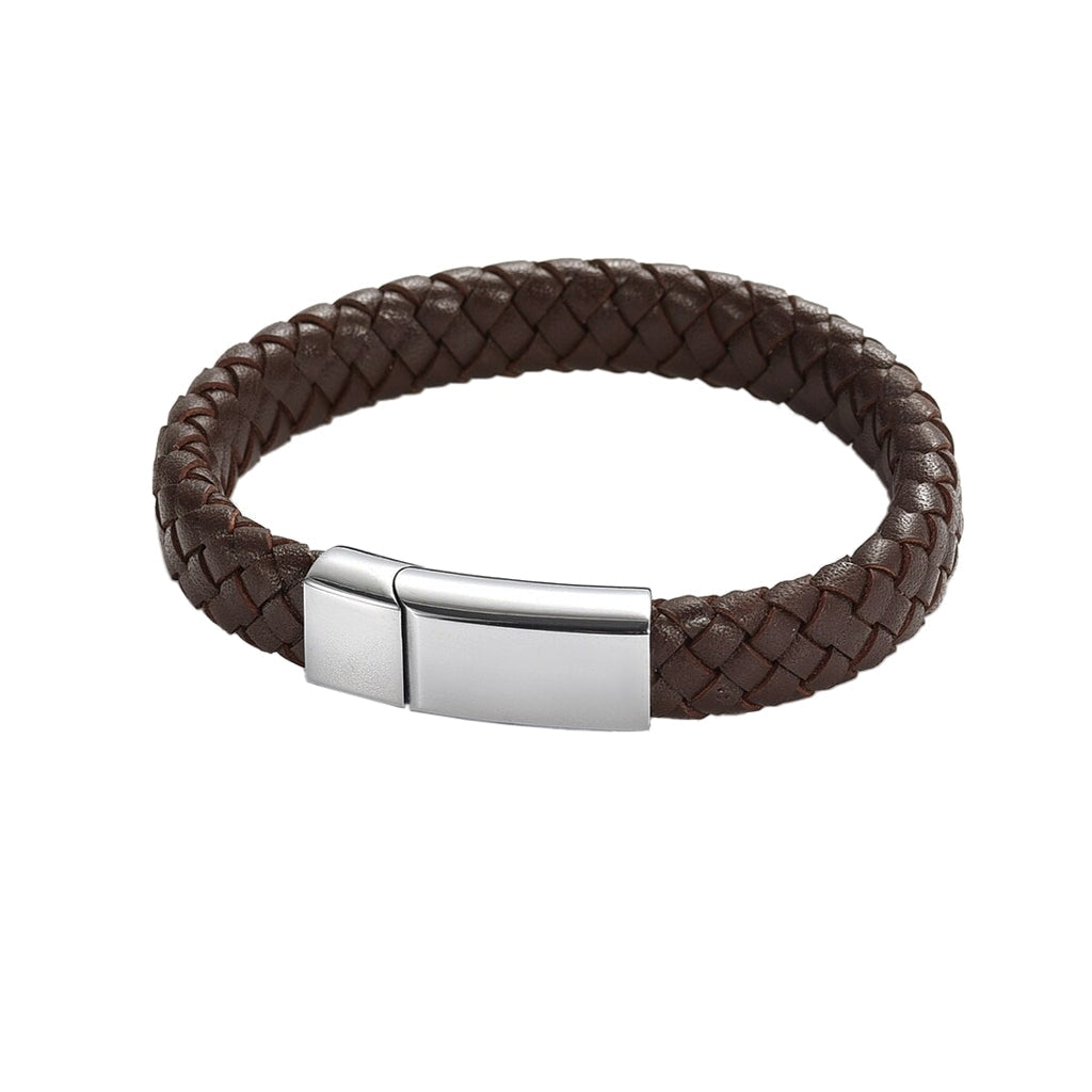 J-Brac-12 Braided Leather Flat Bracelet With Modern Clasp - 8.5 Brown