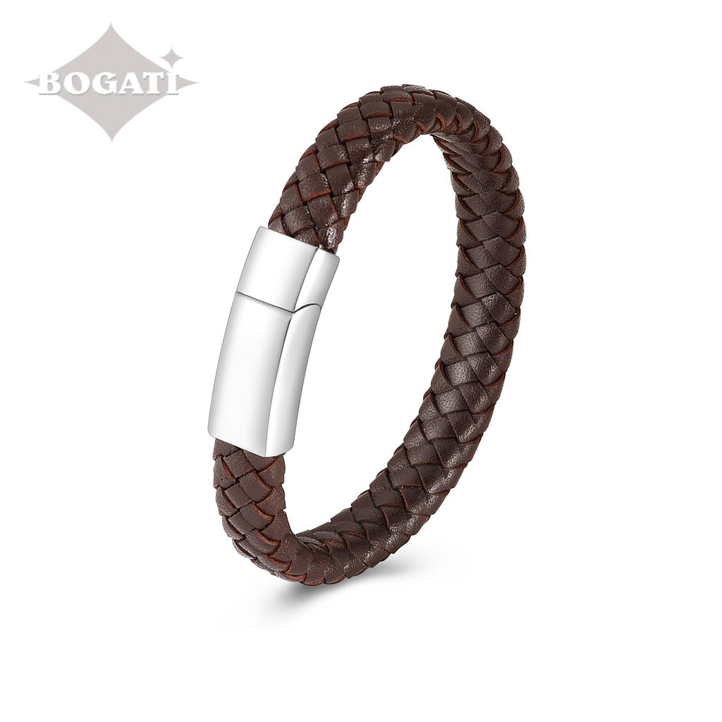 J-Brac-12 Braided Leather Flat Bracelet With Modern Clasp - 8.5