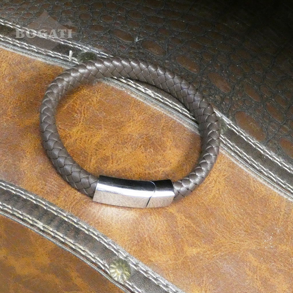 J-Brac-12 Braided Leather Flat Bracelet With Modern Clasp - 8.5