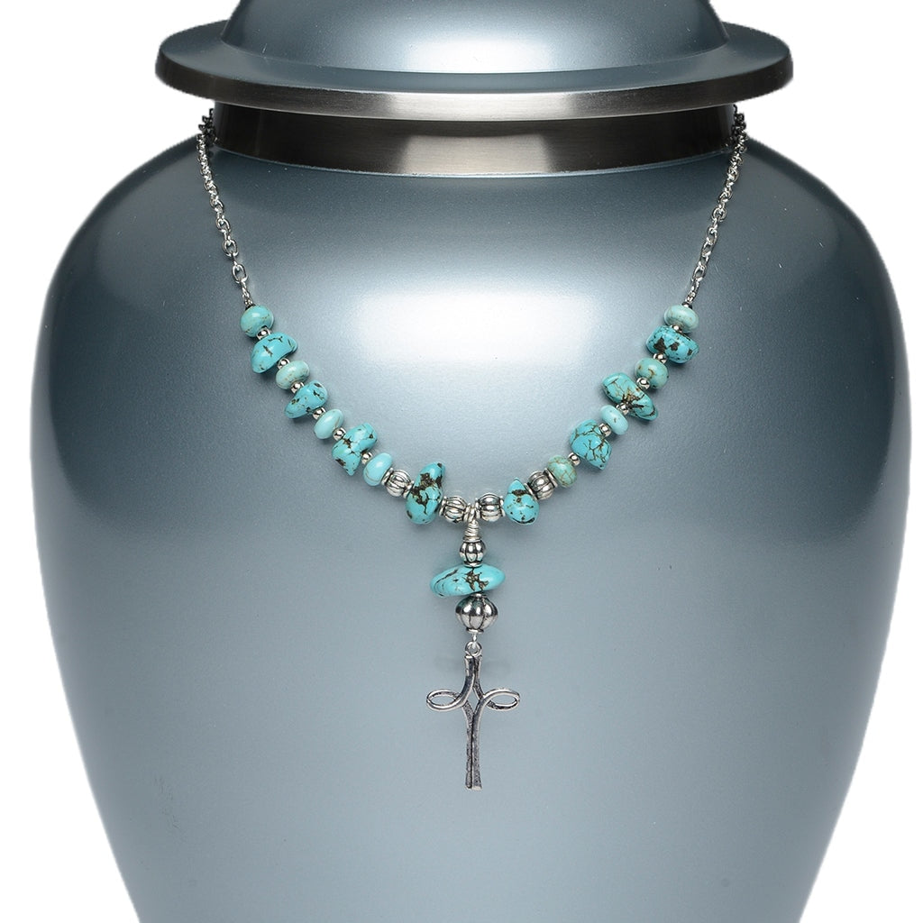 CLEARANCE - Urn Adornment - MI-12 Silver-tone Cross with Turquoise Beads