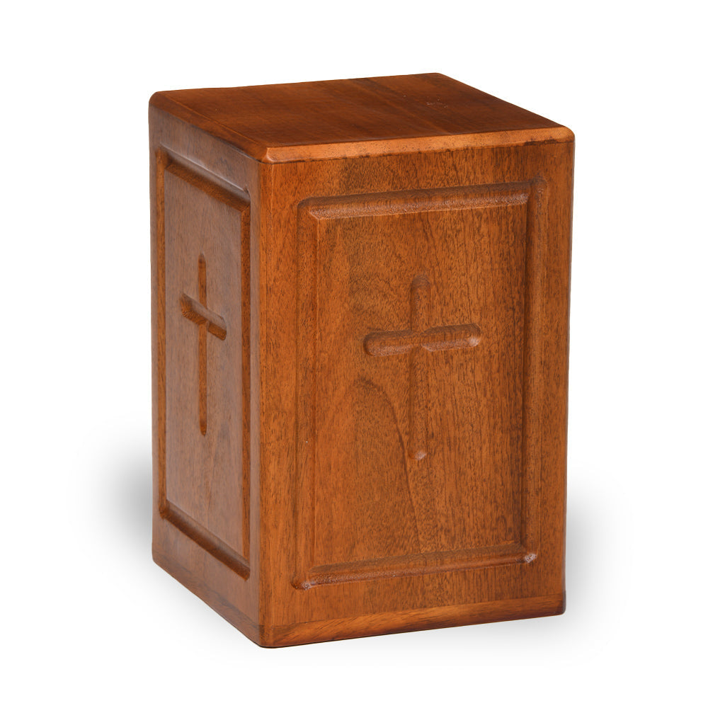 Mango Wood Rustic Tower Urn - Border and Cross | Bogati Urn Company