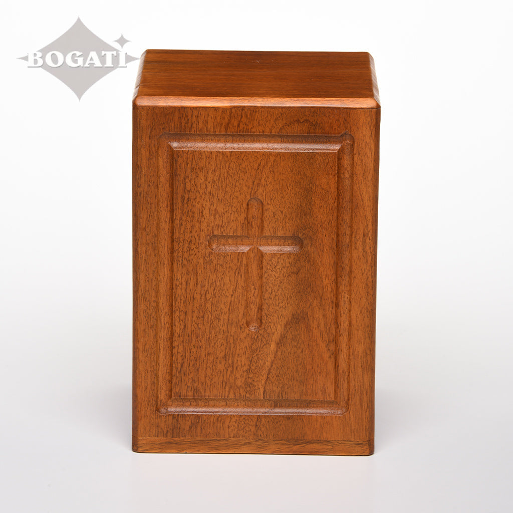 ADULT - Mango Wood Rustic Tower Urn - Border and Cross