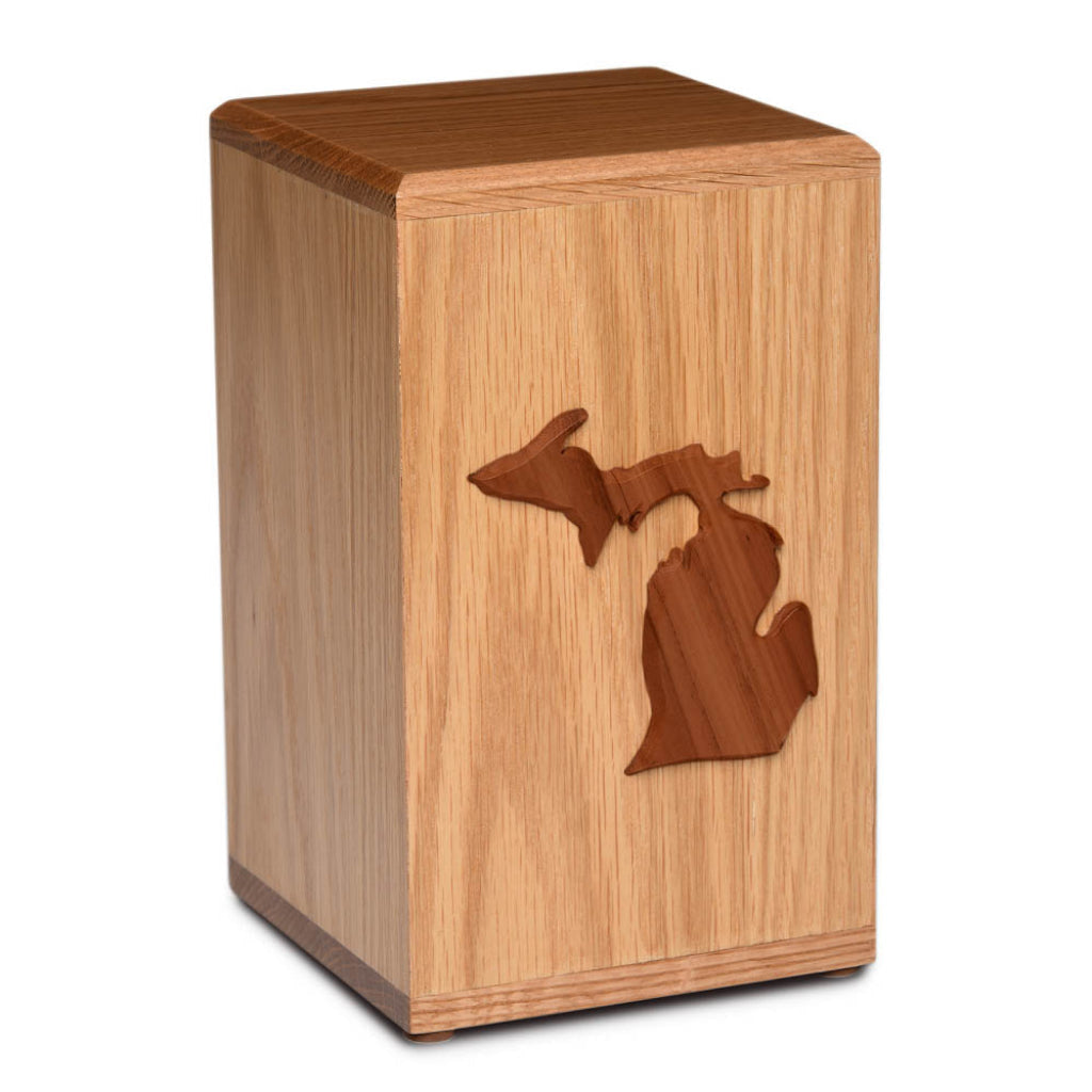 IMPERFECT SELECTION - ADULT Solid Oak Tower Urn with Artisan Applique - State Pride - Michigan