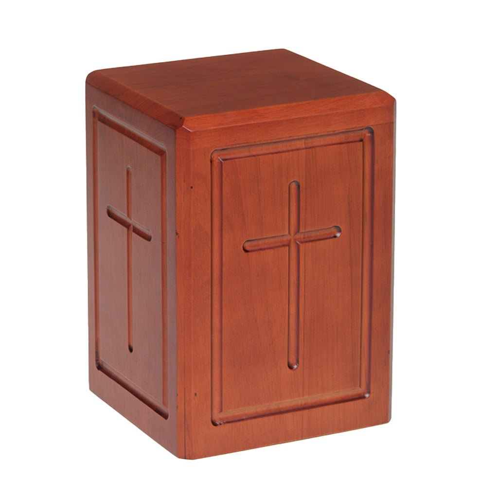 MI - ADULT - Rubberwood Tower Urn -720- Border and Cross - Cherry - Case of 4
