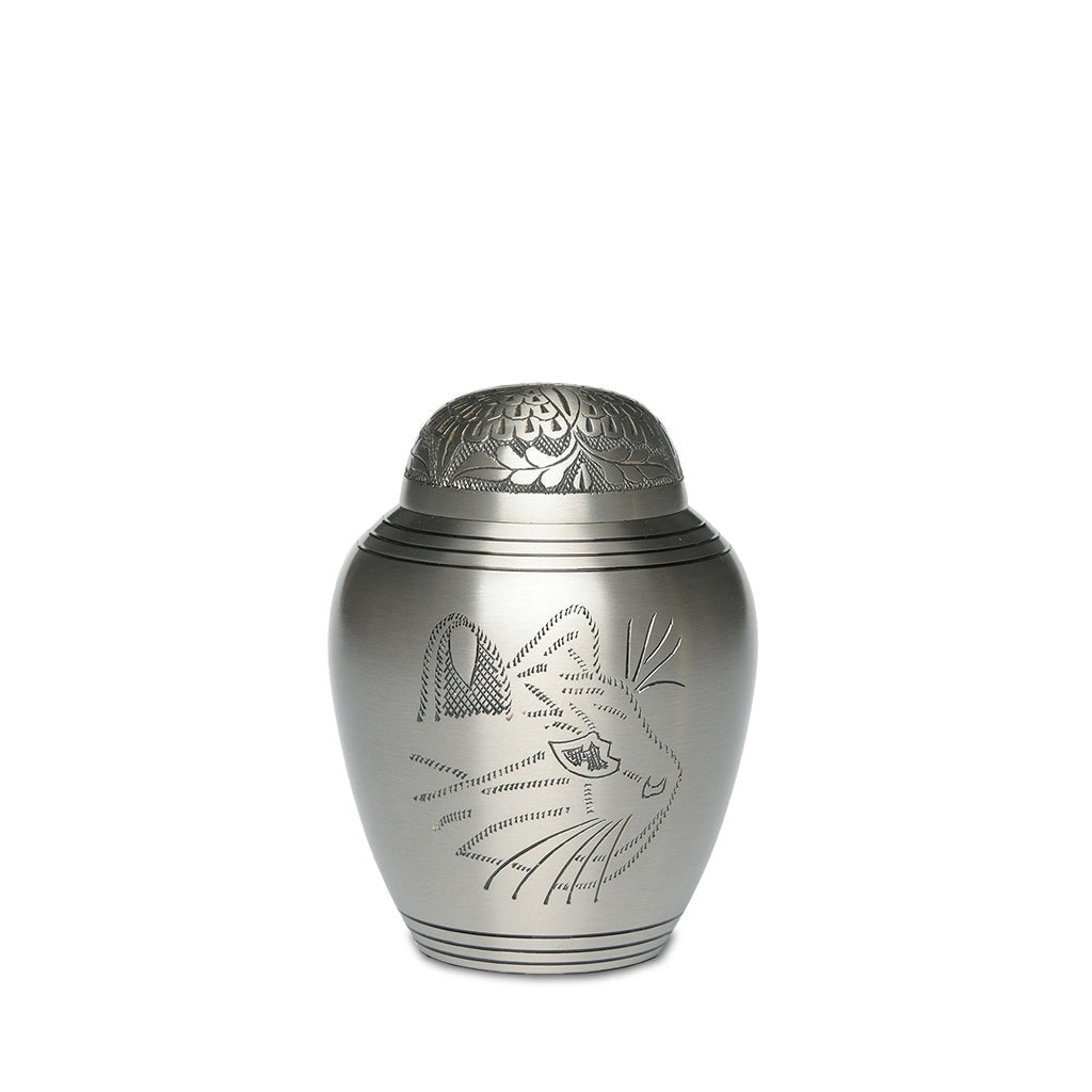 SMALL Brass Urn -1576- Engraved KITTY face Pewter