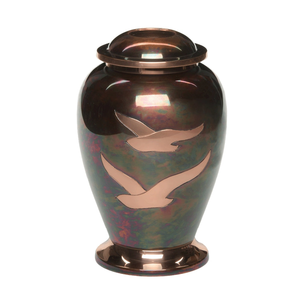 ADULT - Brass Urn -1958- Iridescent Copper Overlay Doves