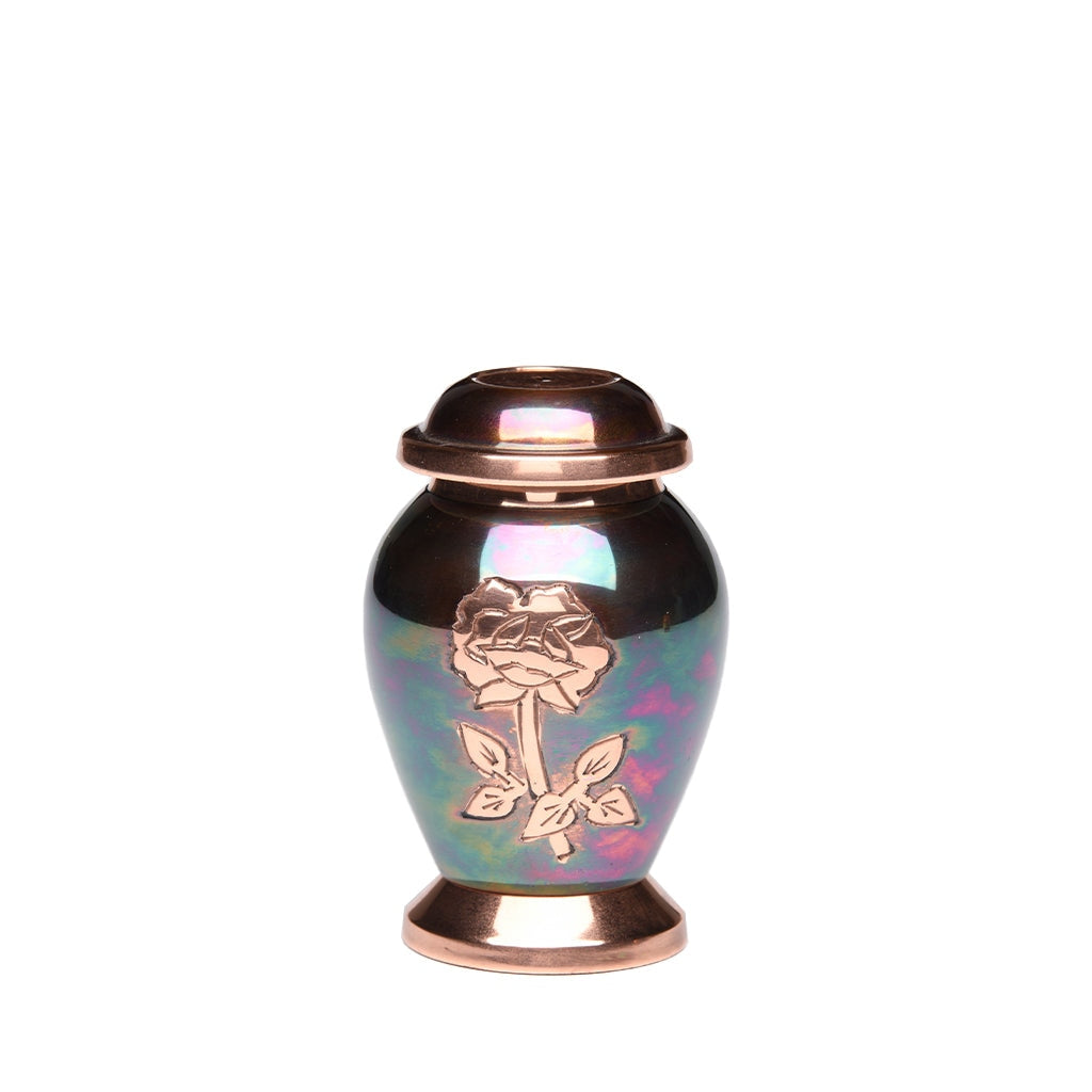 KEEPSAKE - Brass Urn -1958- Iridescent Copper Overlay Rose