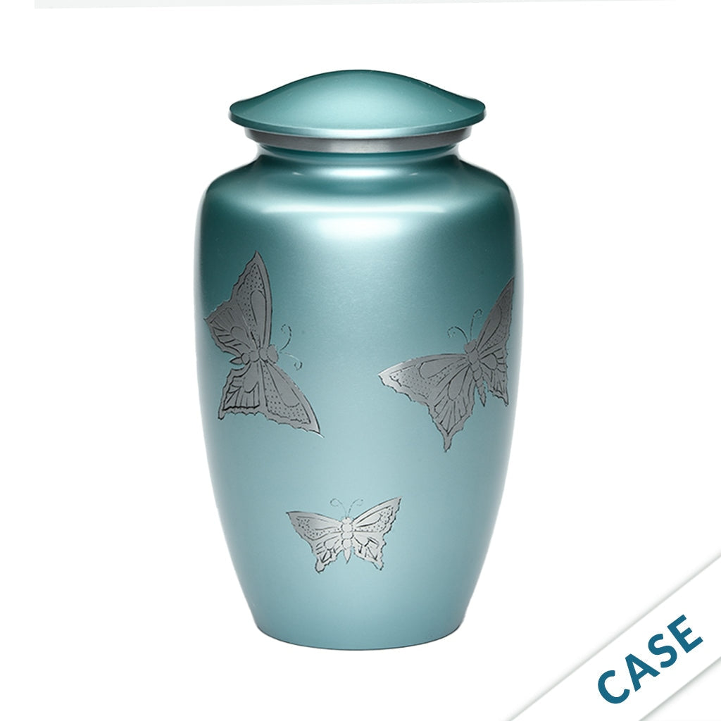 ADULT -Classic Alloy Urn -2415– with engraved BUTTERFLIES - Case of 4 Teal