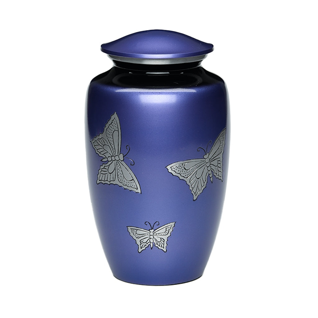 CLEARANCE ADULT -Classic Alloy Urn -2415– with engraved BUTTERFLIES Purple