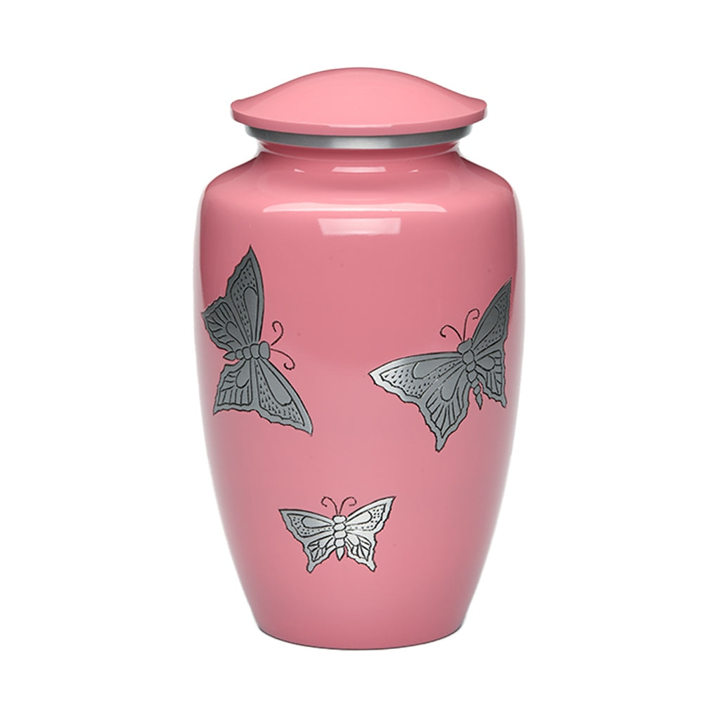 ADULT -Classic Alloy Urn -2415– with engraved BUTTERFLIES Pink