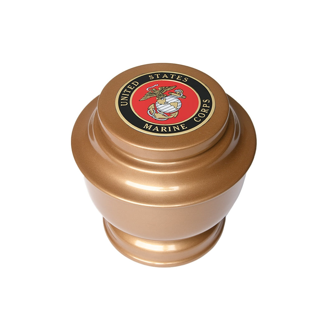 ADULT - Simple Alloy Urn -5-5050- Gold with Military Emblem Marine Corps