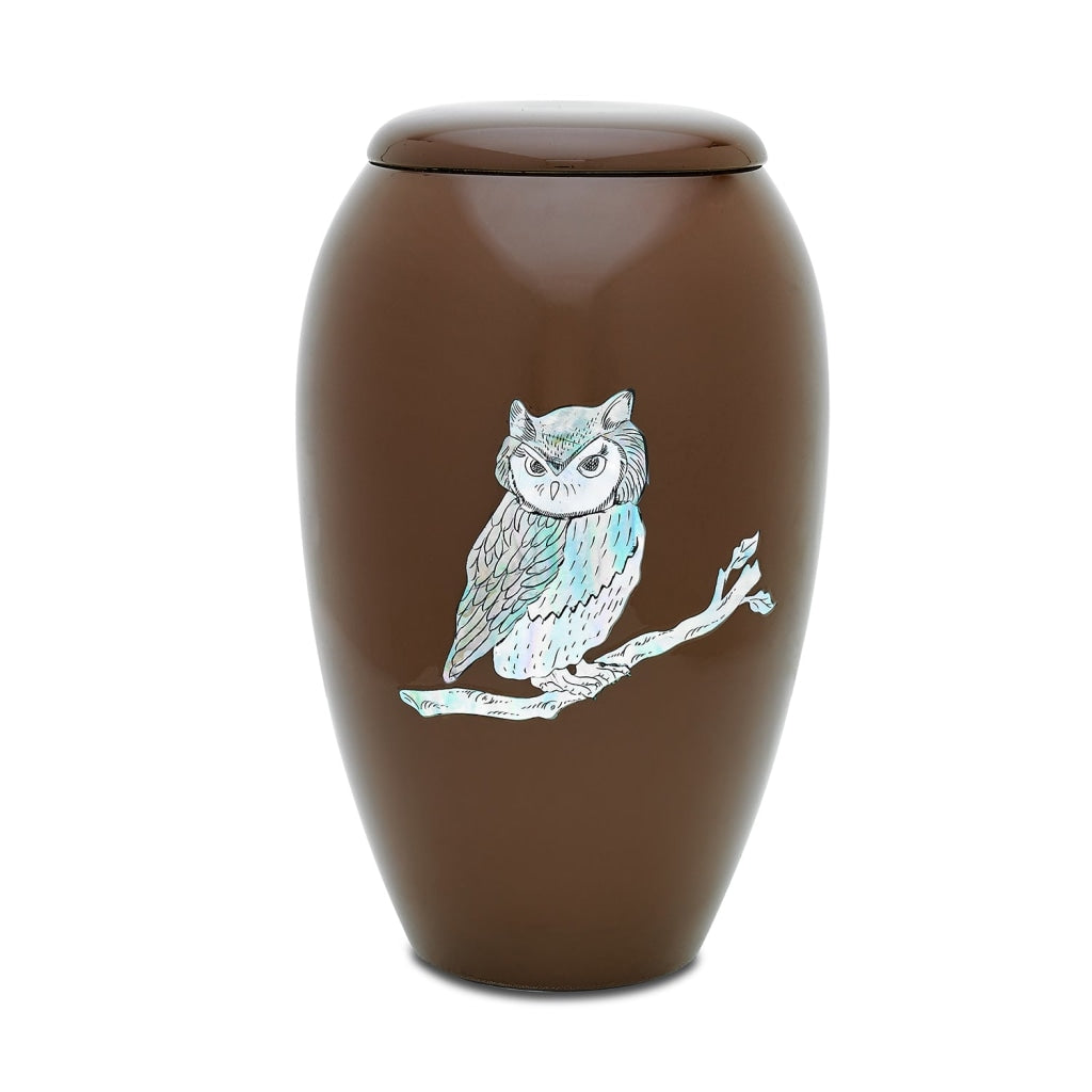 ADULT Alloy Urn -7752- Brown with Mother of Pearl Owl