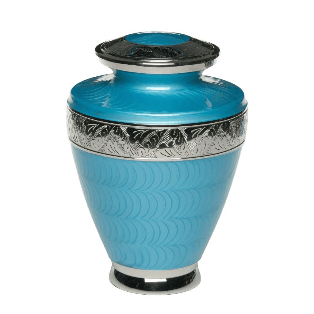 ADULT Brass Urn -1964- Enamel Overlay - Silver-tone bands Turquoise