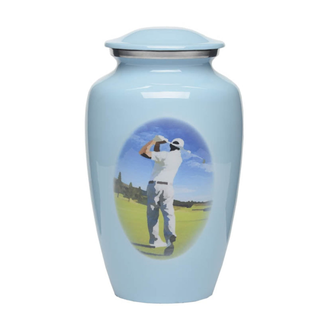 CLEARANCE- ADULT- Alloy Cremation Urn -3264- Blue with Golf Player