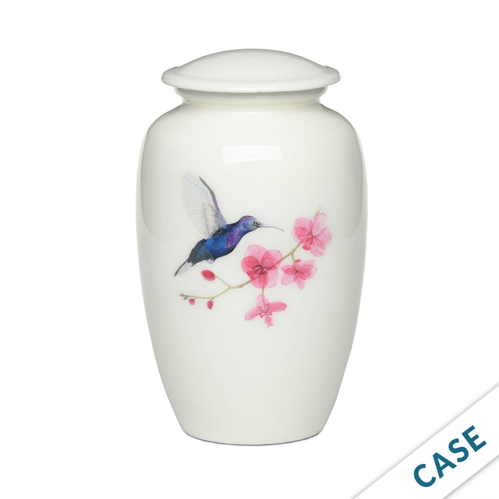 ADULT -Classic Alloy Urn - 4000 – WHITE with Illustration - Case of 6 Hummingbird