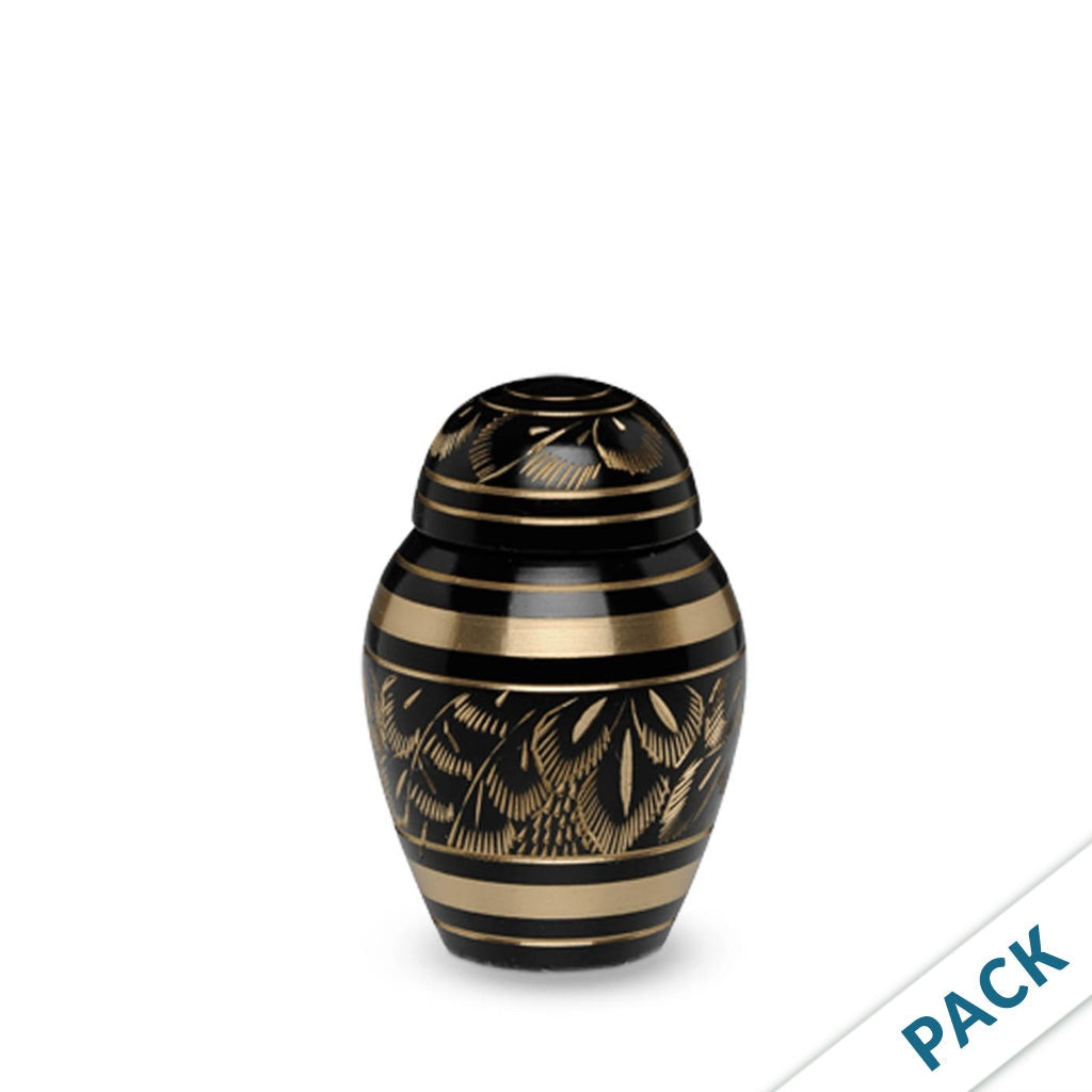 KEEPSAKE – Brass Urn -1509- Floral Etched with Dome Top- Black & Gold - Pack of 10
