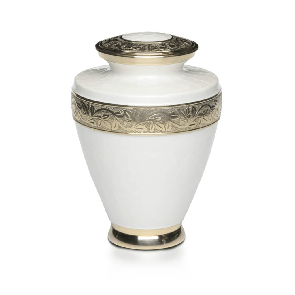 IMPERFECT SELECTION - ADULT Brass Urn -1964- Enamel Overlay WHITE - Brass bands