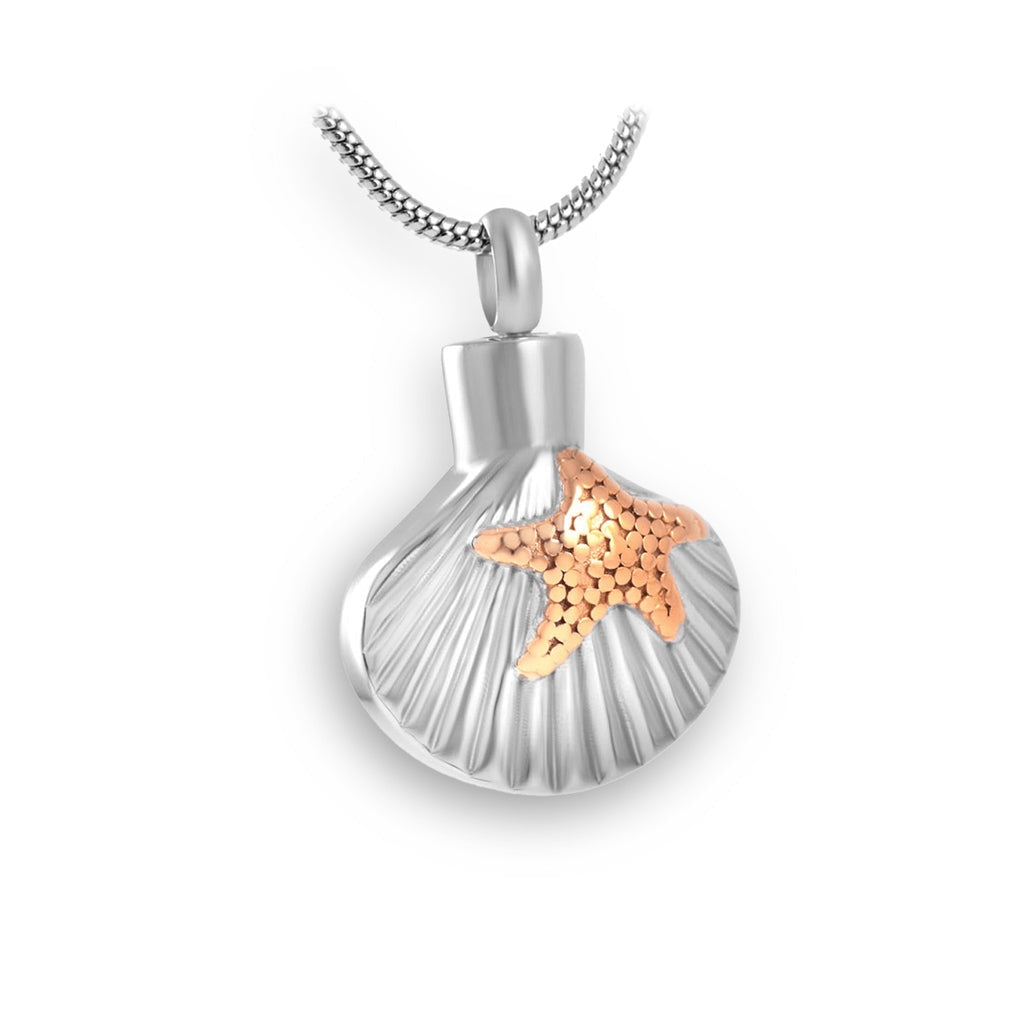 J-002 - Scallop Shell with Starfish - Silver and Gold-tones - Pendant with Chain