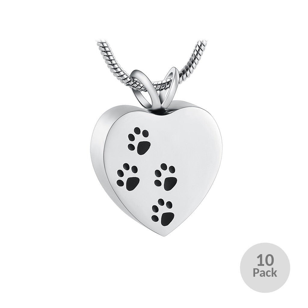 J-004 - Four Paw Print Heart- Silver-tone - Pendant with Chain - Pack of 10