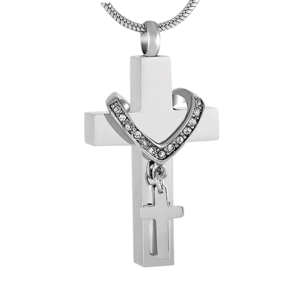 J-010 - Collar Cross with Rhinestones - Silver-tone - Pendant with Chain