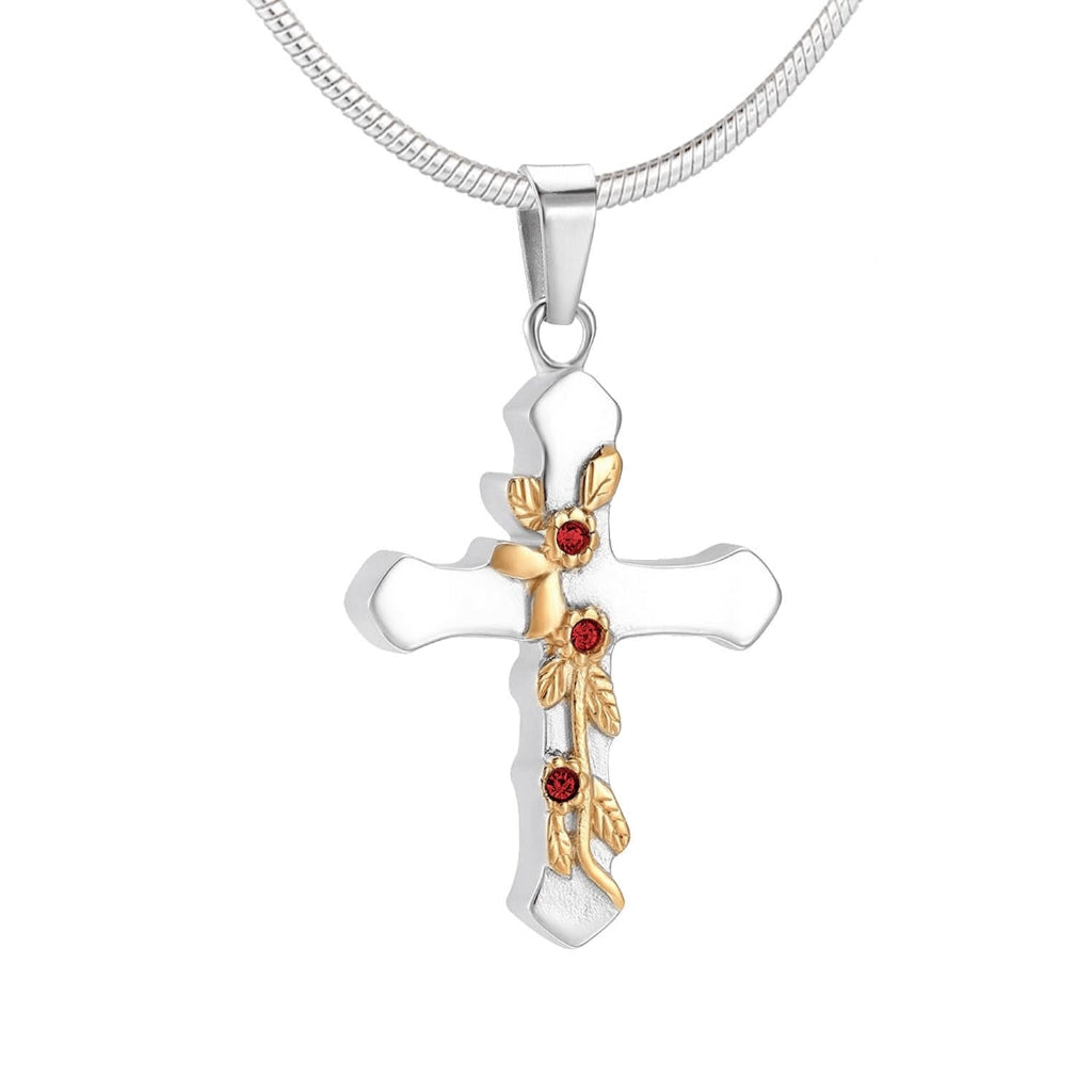 J-012 - Flower Cross - Gold & Silver Tones - Pendant with Chain