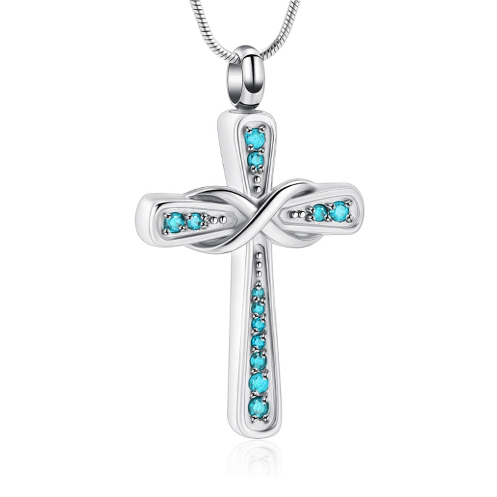 J-014 Infinity Cross with Blue Rhinestones - Pendant with Chain