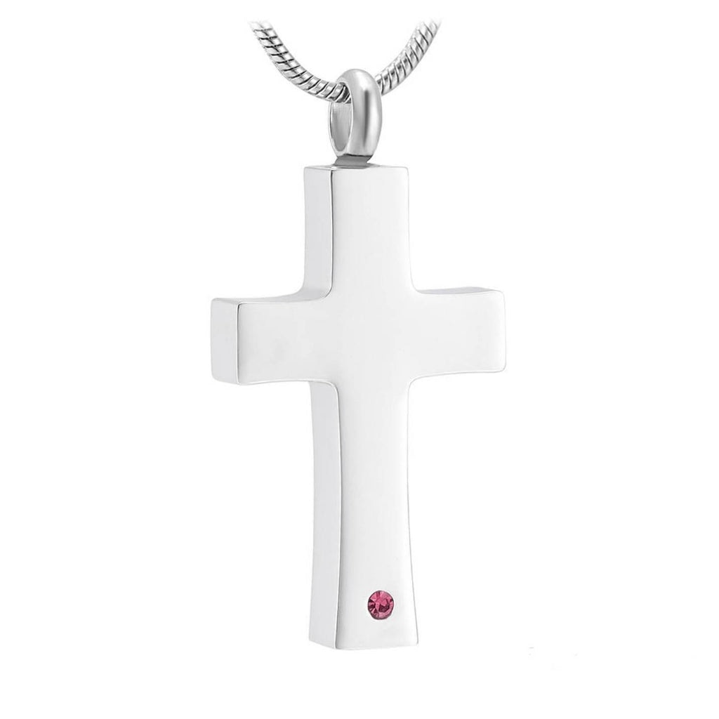 J-042 - Cross with Red Stone - Silver-tone - Pendant with Chain