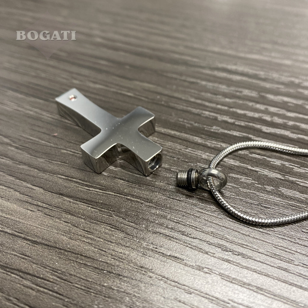 J-042 - Cross with Red Stone - Silver-tone - Pendant with Chain