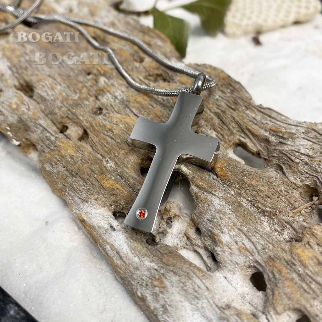J-042 - Cross with Red Stone - Silver-tone - Pendant with Chain