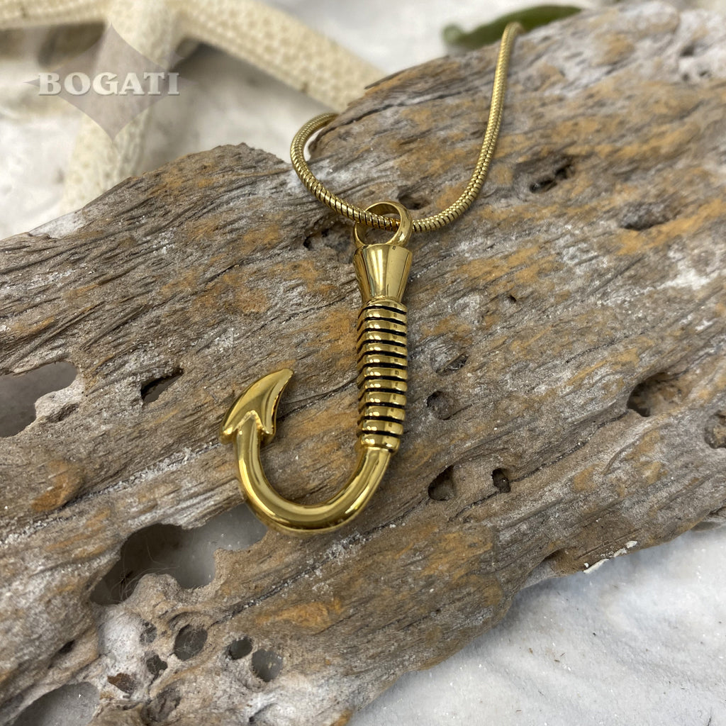 Gold Fishing Hook Cremation Urn Pendant Necklace Memorial Jewelry