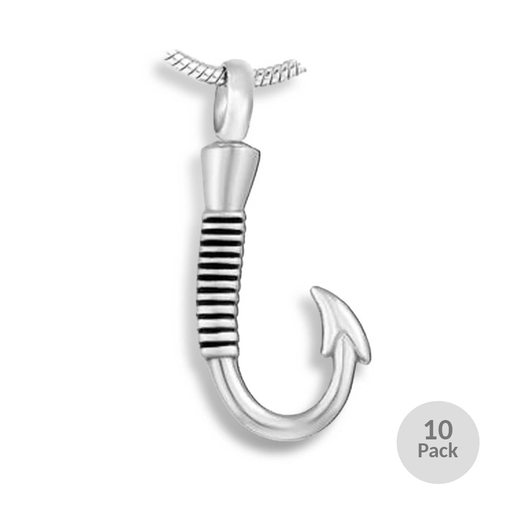 J-049 - Fish Hook - Silver-tone - Pendant with Chain - Pack of 10