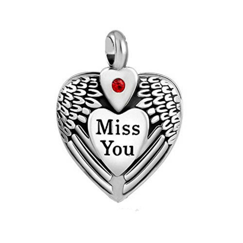 J-060 - “Miss You” Heart with Angel Wings - Silver-tone - Pendant with Chain