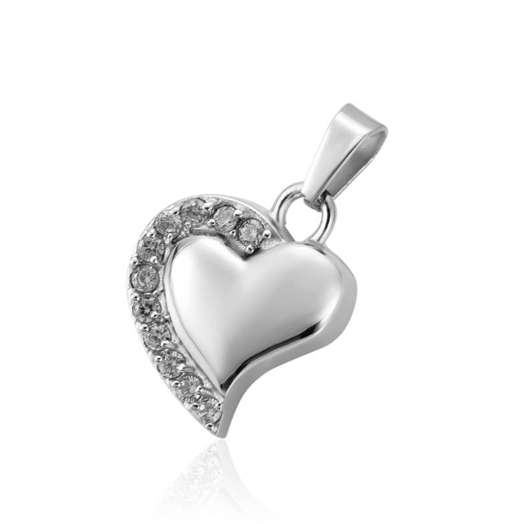 J-077 - Curved Silver Heart with Clear Stones - Pendant with Chain