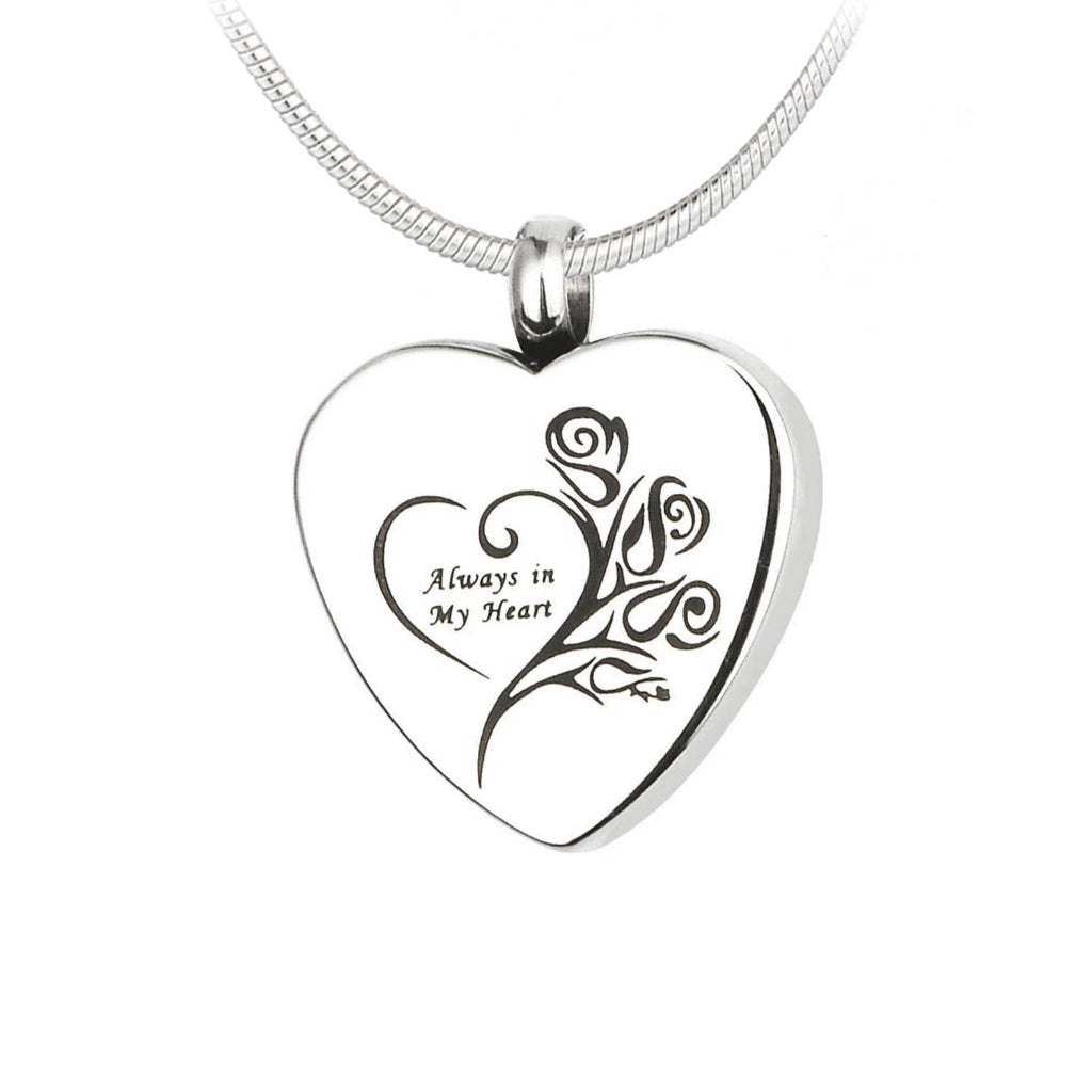 J-1075 - Heart with Floral “Always in my Heart” - Silver-tone - Pendant with Chain