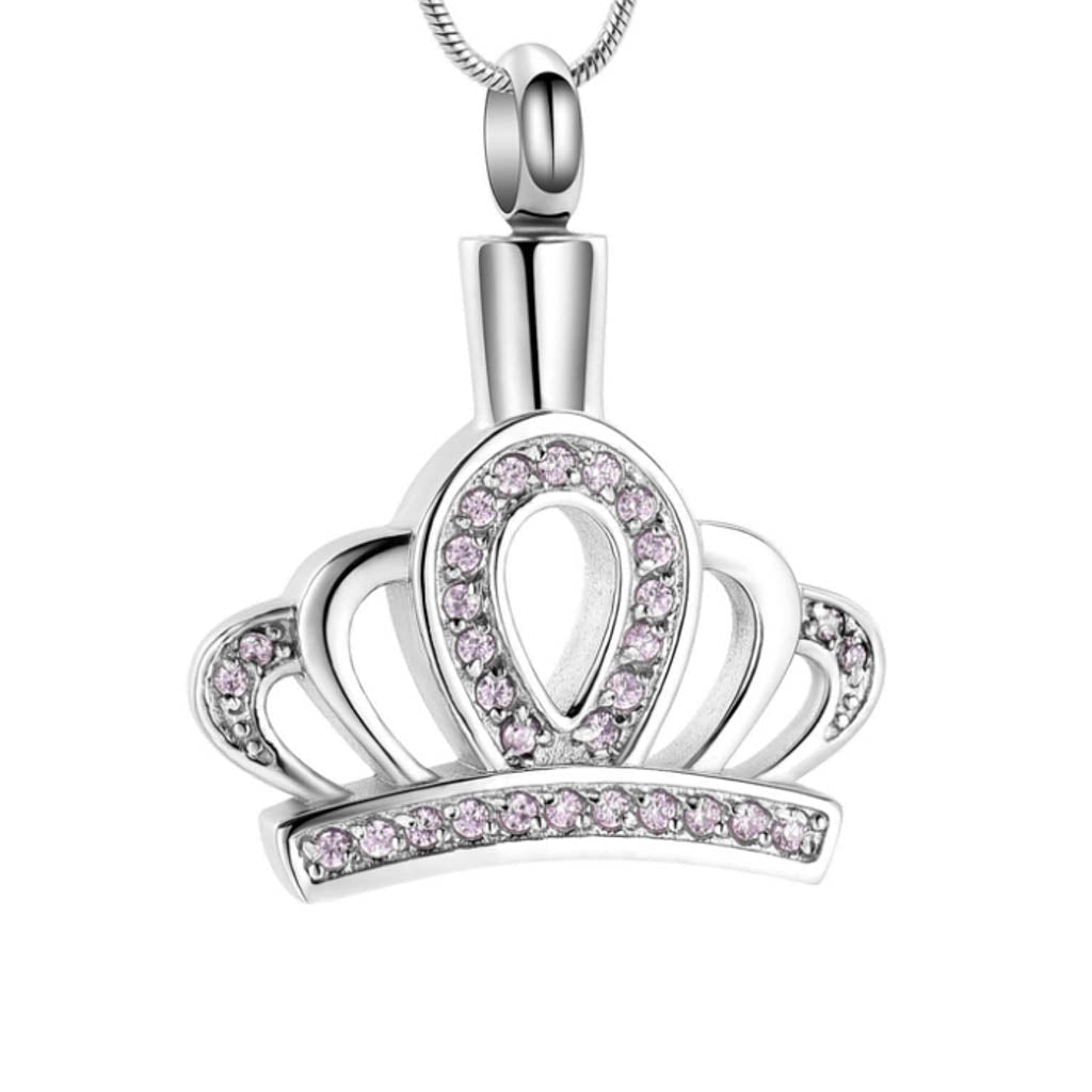 J-117 Silver-tone Crown with Pink Rhinestones - Pendant with Chain