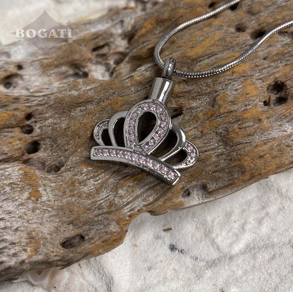 CLEARANCE J-117 Silver-tone Crown with Pink Rhinestones - Pendant with Chain