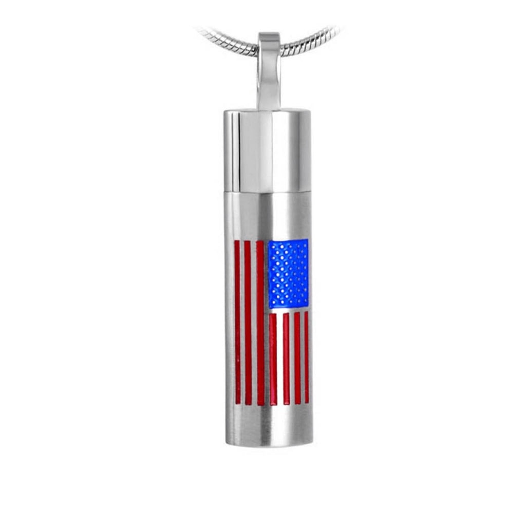 J-1776 - USA Flag Cylinder - Silver-tone - Pendant with Chain
