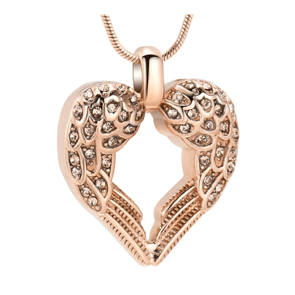 J-1950 - Winged Heart with Rhinestones - Pendant with Chain - Rose Gold-Clear
