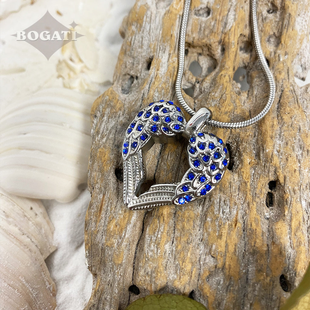 Beautiful wings with blue stones forming a heart - Cremation Pendant - Bogati
