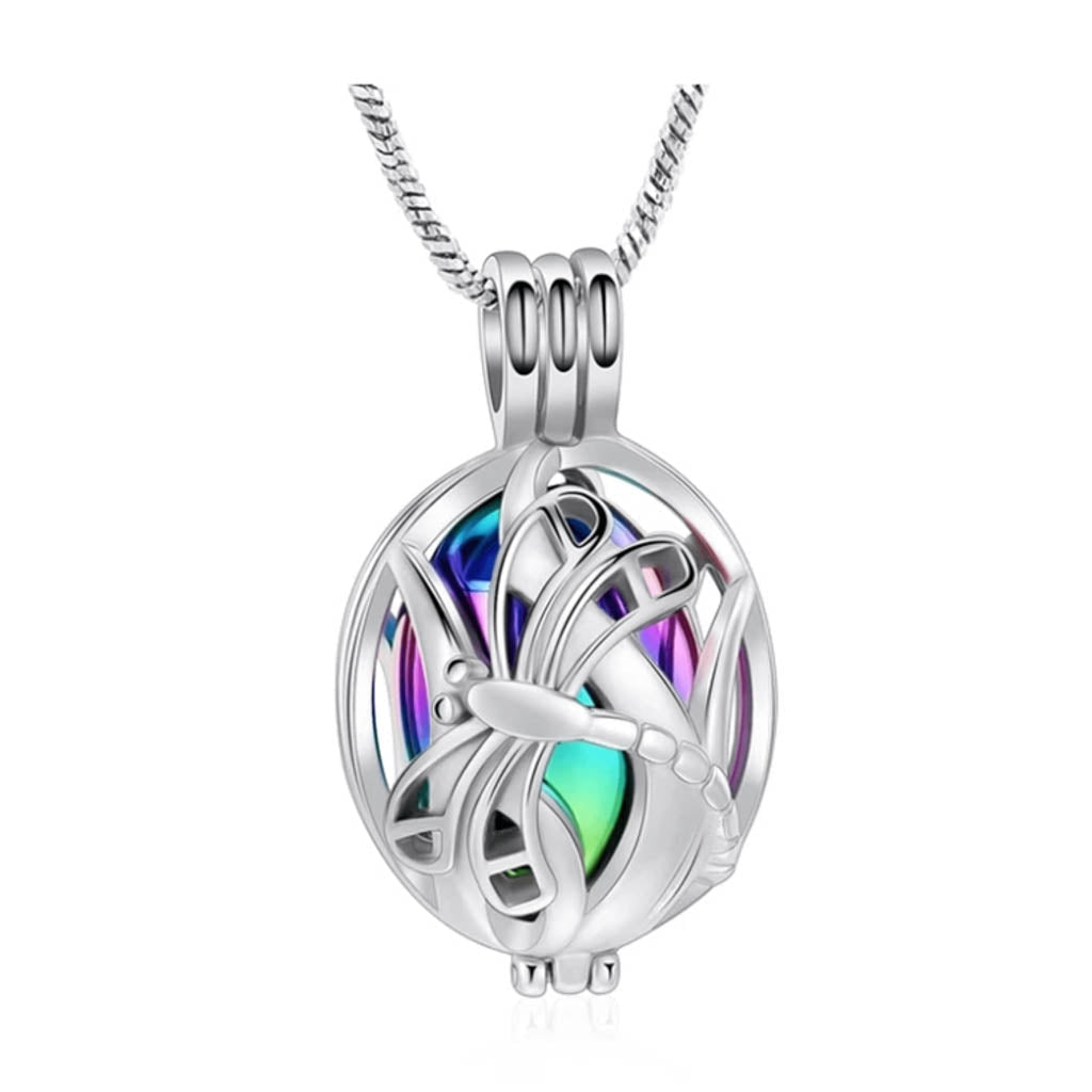 J-2050 Dragonfly Locket with Gold Insert - Rainbow Colors- Pendant with Chain