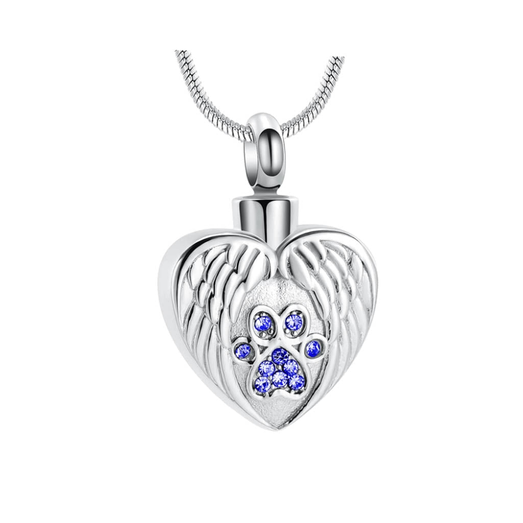 J-225 - Winged Heart with Paw Print - Pendant with Chain - Blue