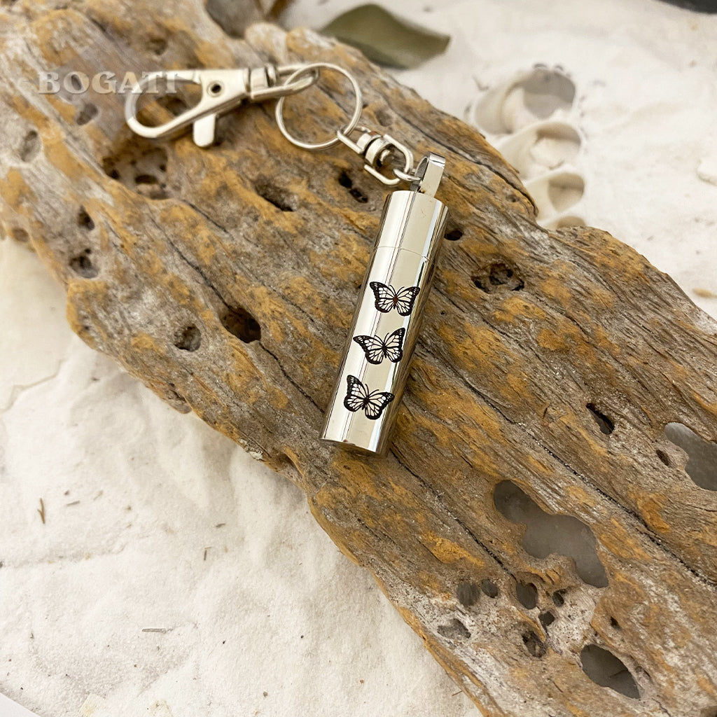 J-300 - Butterflies Cylinder - Silver-tone - Memorial Keychain