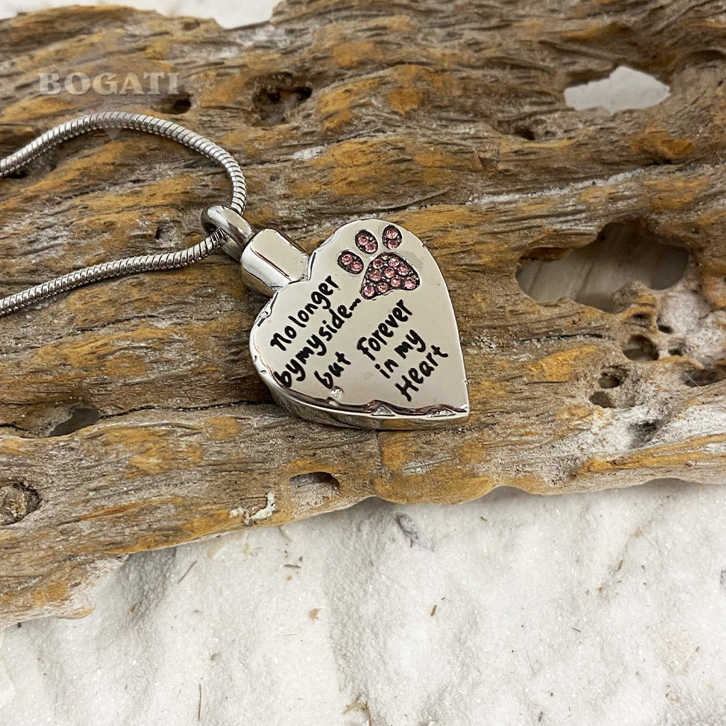 J-325 Paw Print Heart - "No longer by my side..."- Pendant with Chain - Pack of 10 - WITH PAW IN PINK